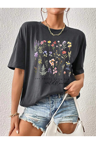 SUNFREE Flower Frame Printed Cotton Combed Short Sleeve Oversize Women's Tshirt