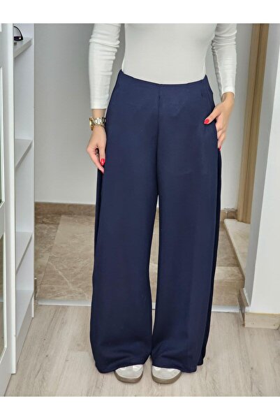 Felix Butik FELİX14387 Modal Yan Pileli Lacivert Palazzo Pantolon
