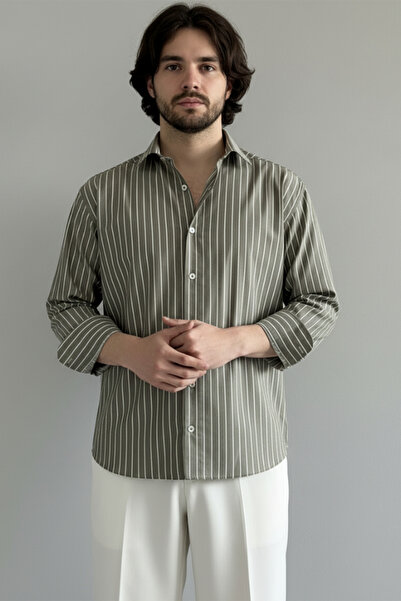 MENOFOURSWEAR Men's Old Money Oversize Striped Linen Shirt