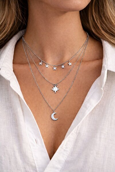 SENTE Gümüş Renk Kutup Yıldızı ve Hilal Figürlü Çok Katmanlı Kombin Kolye