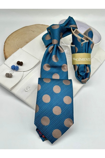 Gutiero Turquoise Polka Dot Classic Tie with Handkerchief