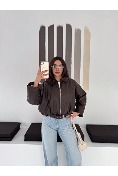 HD TEKSTİL Leather Jacket with Belt and Plush Detailing Inside