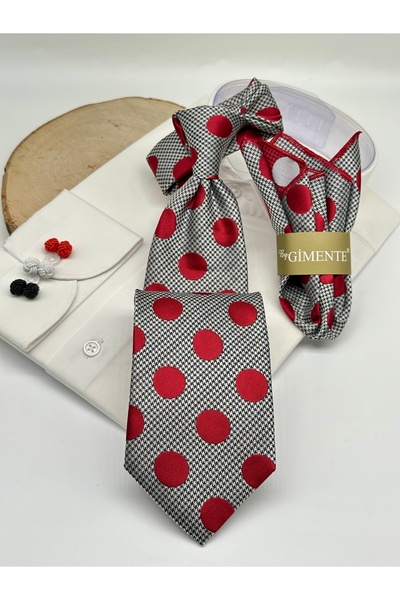 Gutiero Gray Red Polka Dot Classic Tie with Handkerchief