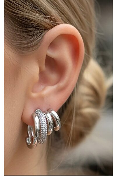 AychaAksesuar Çelik vip seri tek delik çoklu görünüm gümüş renk zirkon taşlı ...