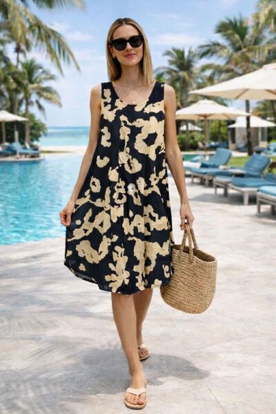 AYASOFYA OTANTIK Women's Black Beige Patterned Sleeveless Midi Dress