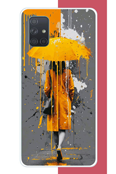 Aksesuarist Samsung Galaxy A71 Uyumlu sarı şemsiyeli kadın UV Baskılı Silikon...