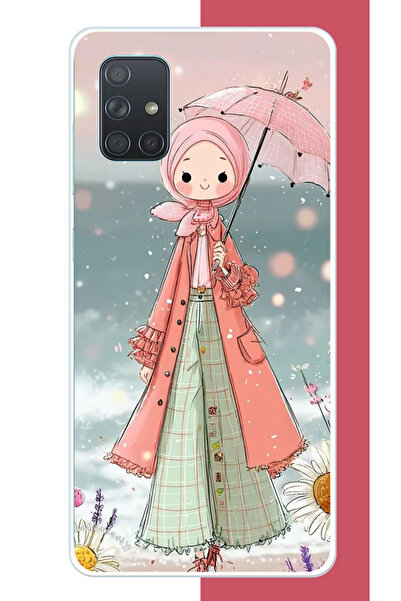 Aksesuarist Samsung Galaxy A71 Uyumlu pembe şemsiyeli kız UV Baskılı Silikon ...