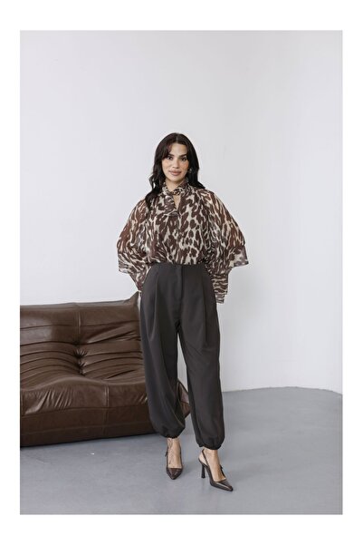 Elif Özbey Butik Kahve Pileli Paçası Lastikli Pantolon