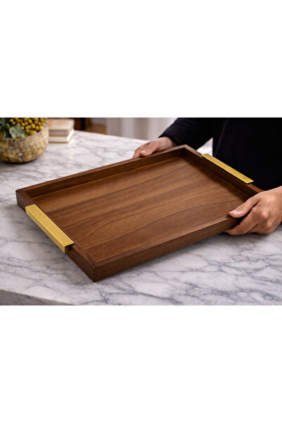 Generic A luxurious wooden serving tray with gold handles – a touch of elegan...