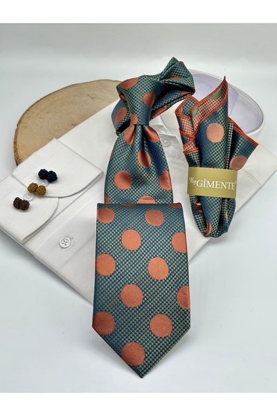 Gutiero Green Orange Polka Dot Classic Tie with Handkerchief