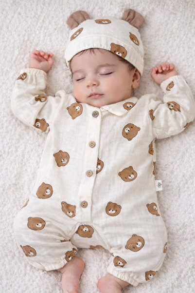 Bebly Kids Müslin Ayıcık Desenli Erkek Bebek Tulum Yenidoğan 0-3 Ay