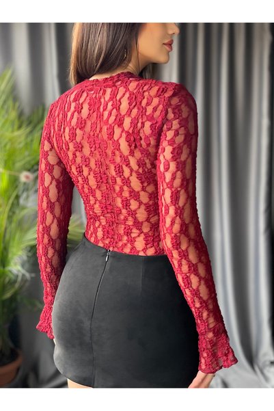 PATEVA Transparent Lace Bodysuit with Buckles and Chest Lining