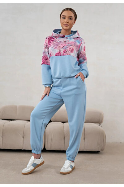 UniqueStore.ro Blue viscose tracksuit set with floral print