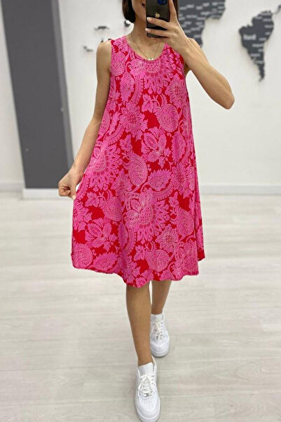 AYASOFYA OTANTIK Women's Fuchsia Patterned Sleeveless Midi Dress