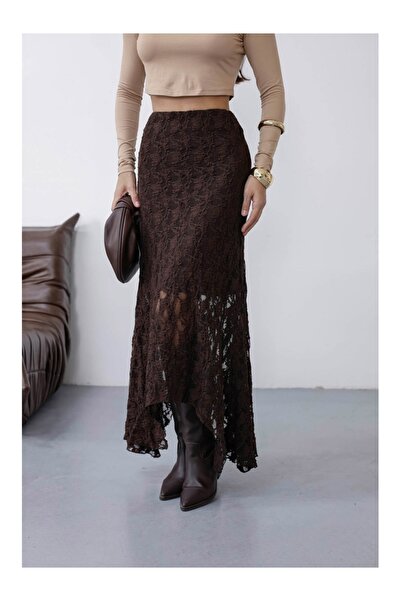 Elif Özbey Butik Kahverengi Asimetrik Dantel Etek