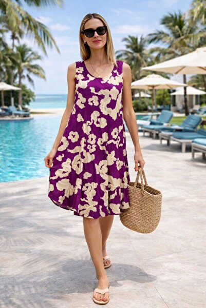 AYASOFYA OTANTIK Γυναικείο αμάνικο μίντι φόρεμα με μωβ-μπεζ σχέδιο