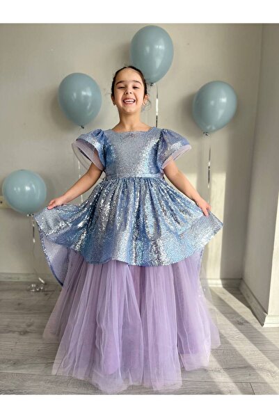 Sare Çocuk Giyim Sparkling Blue-Purple Sequined Long Maxi Train Creeping Girl...