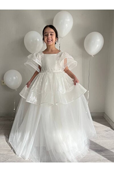 Sare Çocuk Giyim White Sequined Long Maxi Length Creeping Girl's Wedding Dres...