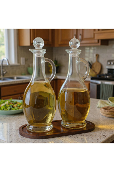 ozbience Bambu Standlı Kulplu Yağdanlık Seti, 2'li, 500 ml, Kristal Tıpalı, K...