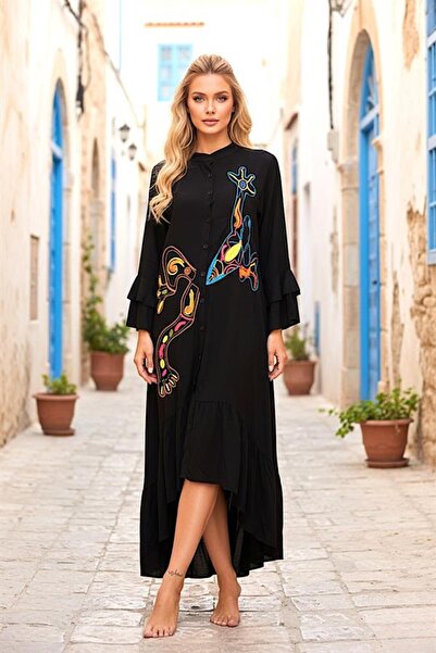 MODANI SEÇ Siyah Dik Yaka Kol Ve Etek Ucu Fırfırlı Cepli Nakışlı Oversize Uzu...