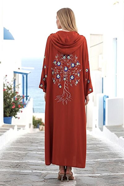 MODANI SEÇ Kiremit Rengi Kapüşonlu Sırtı Ve Kolları Kabartma Baskılı Oversize...