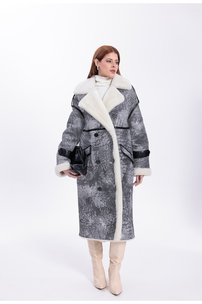 By Marki Marki Kadın Hakiki Deri Uzun Palto Gri Eskitme Oversize Kruvaze Düğm...