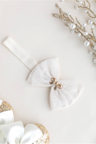 chipiques Gold Glittery Tulle Bow Baby Headband – Special Day & Newborn Accessory