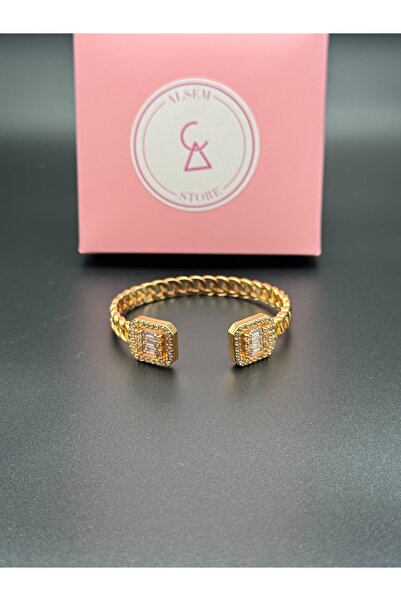Alsem 14 Ayar Gold Kaplama Baget Taşlı Gold Zincir Kelepçe Bileklik , Premium...