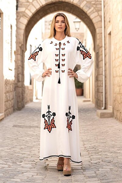 Genel Markalar Beyaz Sıfır Yaka Balon Kollu Otantik Nakışlı Uzun Elbise