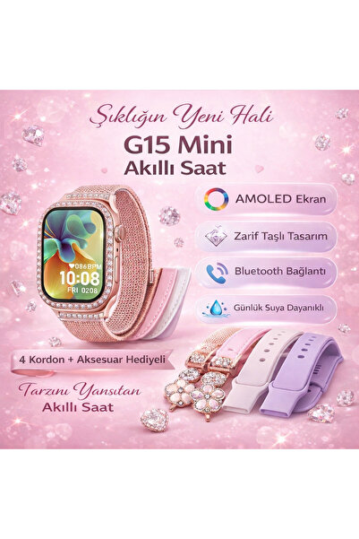 asfteknoloji G15 Mini Akıllı Saat AMOLED Ekranlı, Taşlı Şık Tasarım, 4 Kordon...