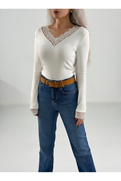 KAROL Dantel Detaylı V Yaka Uzun Kollu Kadın Bluz – Ekru