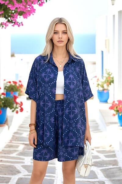 MODANI SEÇ Navy Blue Patterned Shirt Short Sleeve Shirt Shorts Set