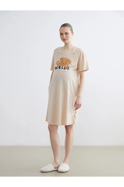 LC Waikiki LCW DREAM Bej Bisiklet Yaka Puantiyeli Hamile Gecelik