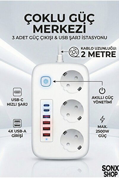 SHC42000 2500W Çoklu Priz 2 Metre – 3’Lü Ac Priz +5 Usb Çıkışı Akim Korumali ...
