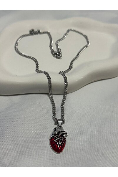 Ferdali Anatomik Kalp Tasarımlı kırmızı Detaylı Gümüş Renk Bijuteri Kolye sev...