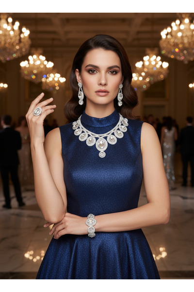 Moda Accessories Luxury Necklace Set with Zircon Stones and Square Detail – S...