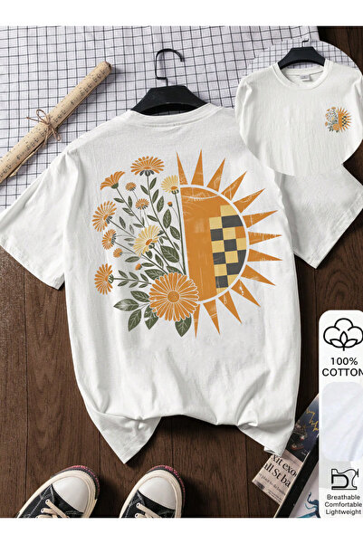 SUNFREE Retro Flower Sun Printed Crew Neck Short Sleeve Unisex Cotton Combed ...