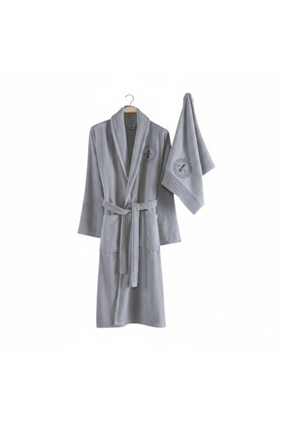 Lider MAGNESİA Bathrobe Set 2 Pieces Embroidered Gray 1 Bathrobe 1 Towel