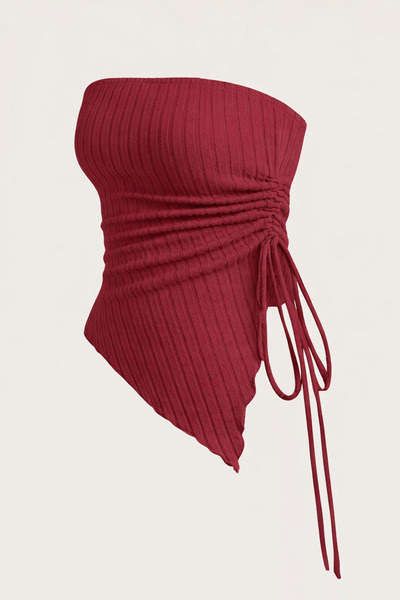 Wildco Burgundy Ribbed Knitwear Asymmetrical Cut Strapless Blouse, Burgundy R...