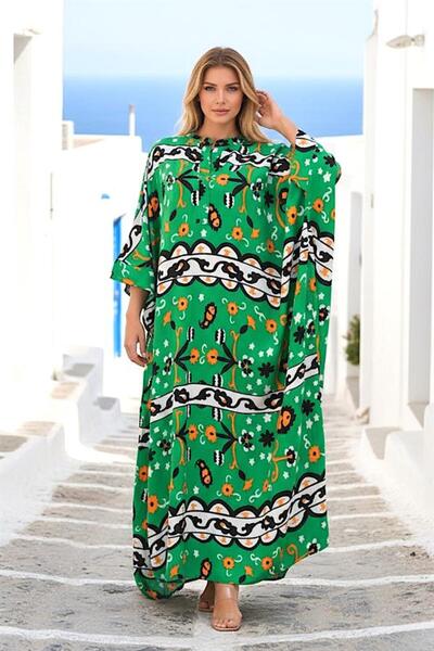 MODANI SEÇ Green Stand Collar Ethnic Pattern Bat Sleeve Oversize Long Dress