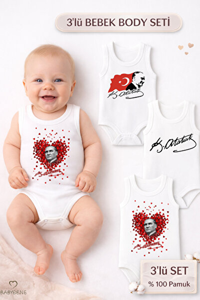 BABYDEN'S 3-Piece Ataturk Themed Baby Body Set 100% Cotton Sleeveless Snap-On...