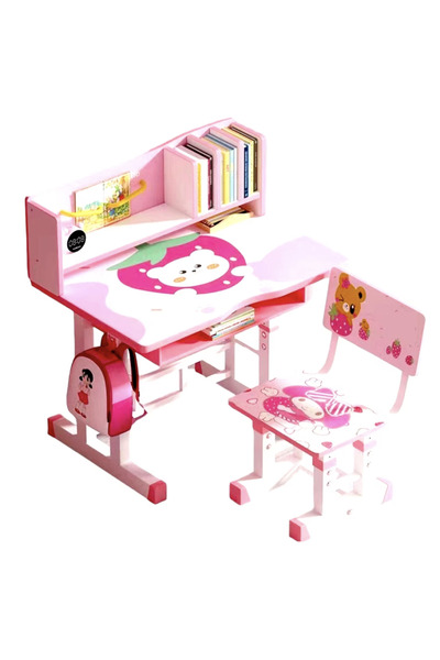Krista Desk with children's chair, adjustable, metal frame and MDF, pink tedd...
