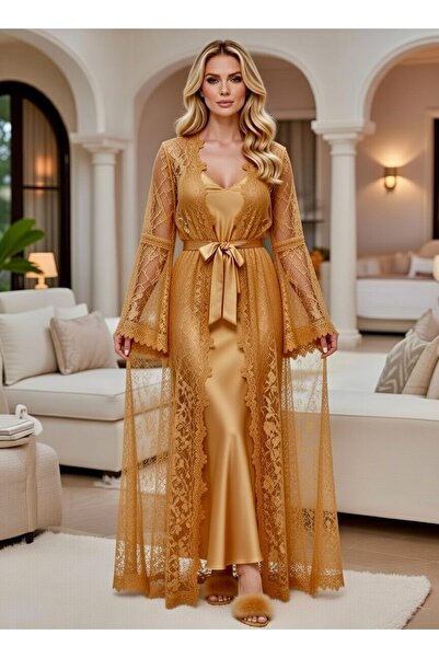 bigmama Women's Black Satin Nightgown and Robe Set with Lace, Dowry Set, Long...