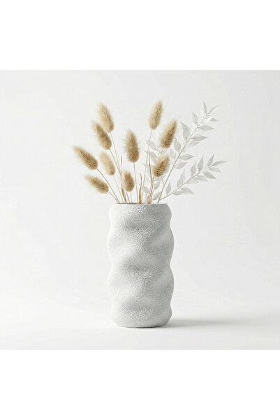 Atatuğ Hediyelik Modern Wavy Design White Textured Vase - Sandstone Look Deco...