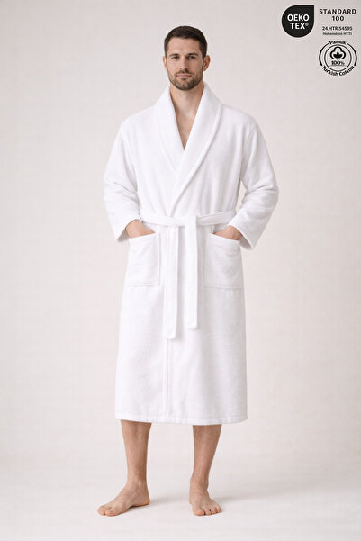 Ellaline Men's Bathrobe 100% Cotton Certified Şalyaka 1 Piece, Bathrobe / Whi...