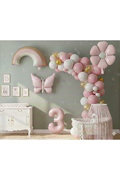 ÇITIPITISTORE Pembe kelebek papatya gökkuşağı rakam golyo balonlu doğum günü ...