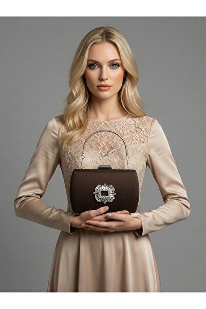 Biçanta Brown Z.A.R.A. Satin Crystal Stone Embroidered Chain Women's Evening ...