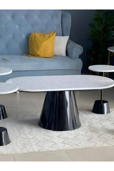Genrics A set of hospitality tables with a wooden top and a black iron base i...