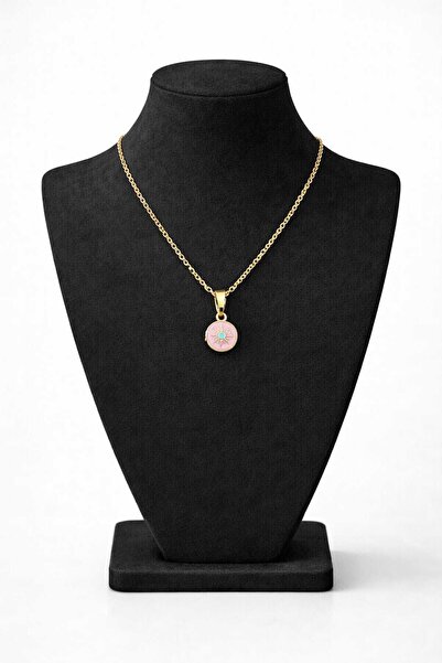 mdm style قلادة ميدالية على شكل شمس مطلية بالمينا باللون الوردي