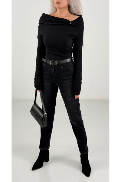 KAROL Siyah Kemerli Yüksek Bel Mom Jean